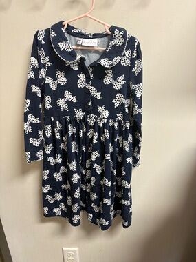 Rachel Riley Navy and White All Over Bow Long Sleeve Dress